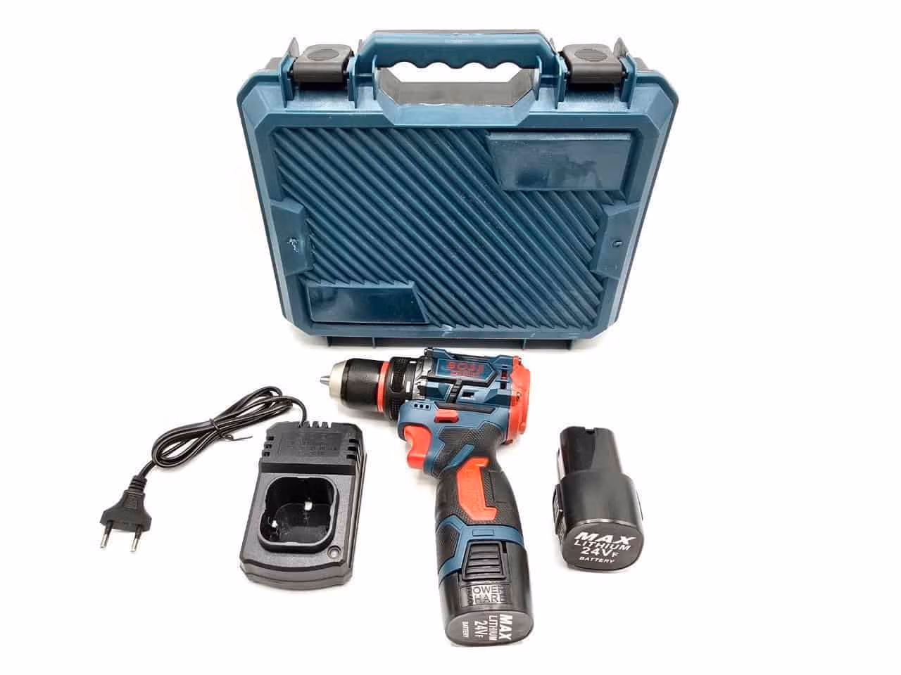 دریل-شارژی-۲۴-ولت-براشلس-سه-نظام-فلزی باس-اقلام-و-جعبه